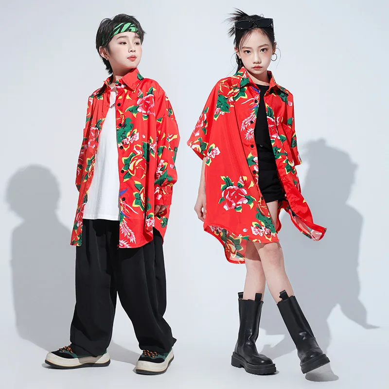 Girls Hip Hop Dance Costume Kids Jazz Street Dance Peony print Red Shirt Pants/Short for Festival Stage Boys Red Clothing
