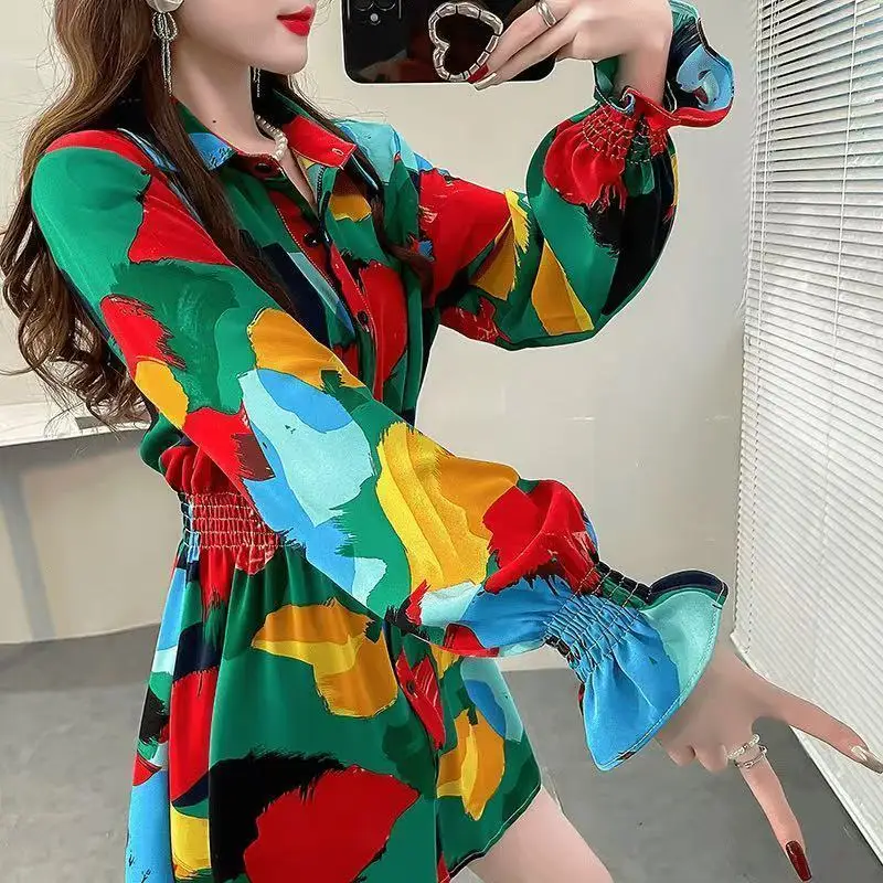 Women's Sweet Lapel Print Flare Sleeve Blouse Spring Autumn New Shirt Chic Loose Waist Tie Chiffon Top
