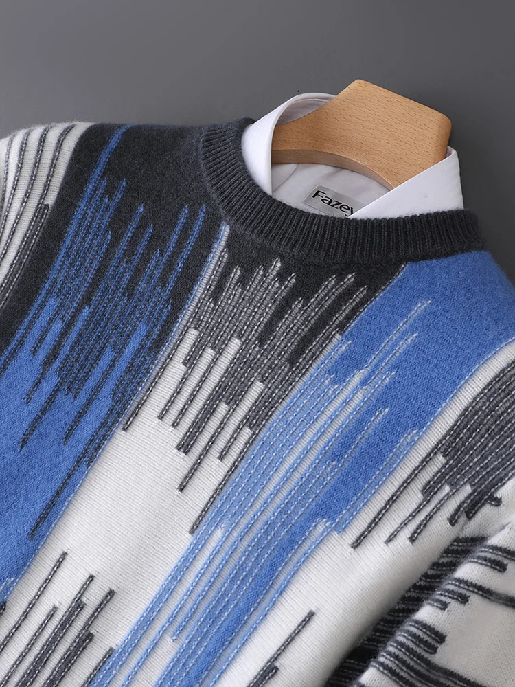 Autumn Winter High Quality Fashion Sweaters/Male Color Contrast  Loose Knitted Pullover 100% Wool Man Casual Round Neck Sweaters