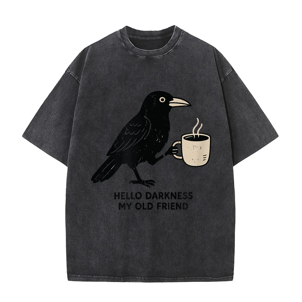 Raven Crow Coffee Funny Hello Darkness T-Shirt 오버핏 Harajuku Short Sleeve Daily 100 Printed T Shirt Men Humor Casual Tee Cotton