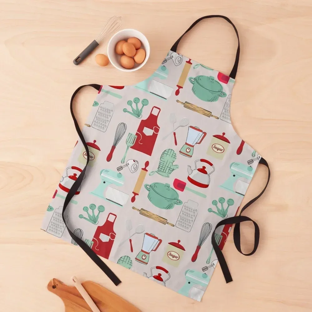 

Cute Vintage Retro Light Teal Turquoise Red Baker Kitchen Utensils Pattern Apron New year's Kitchens Woman men's barbecue Apron