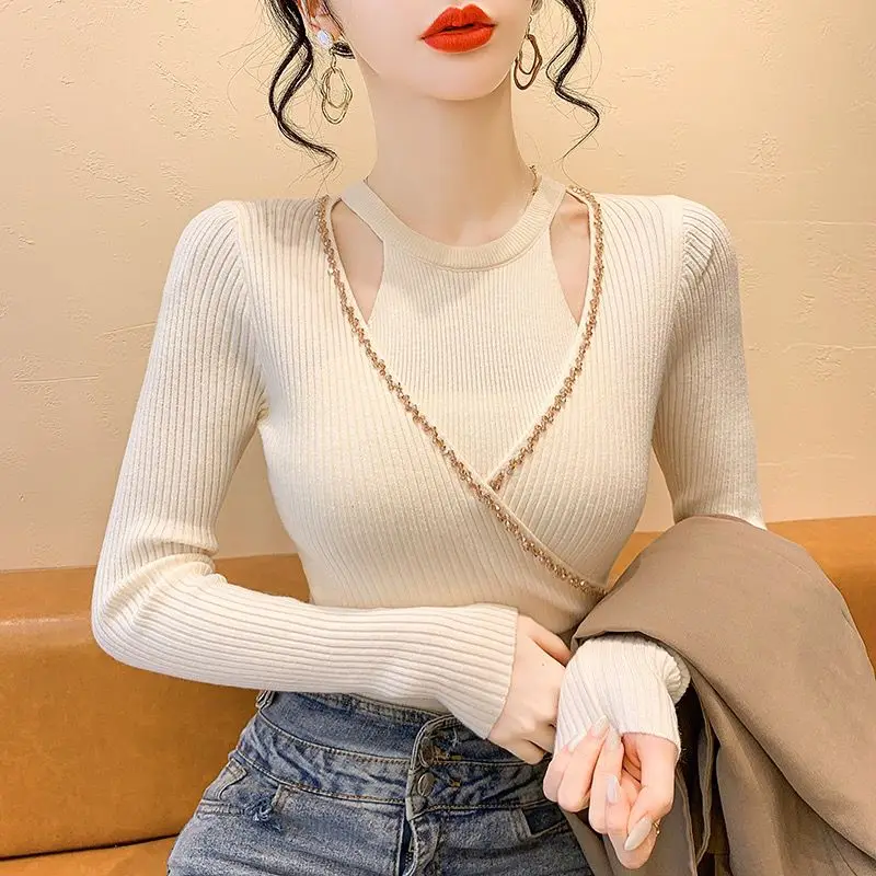 

Ele Hollow out Diamond V-Ne Hanging Ne Long Sve Knitted Sweater Women's Autumn Winter Design Base Layer irt Top