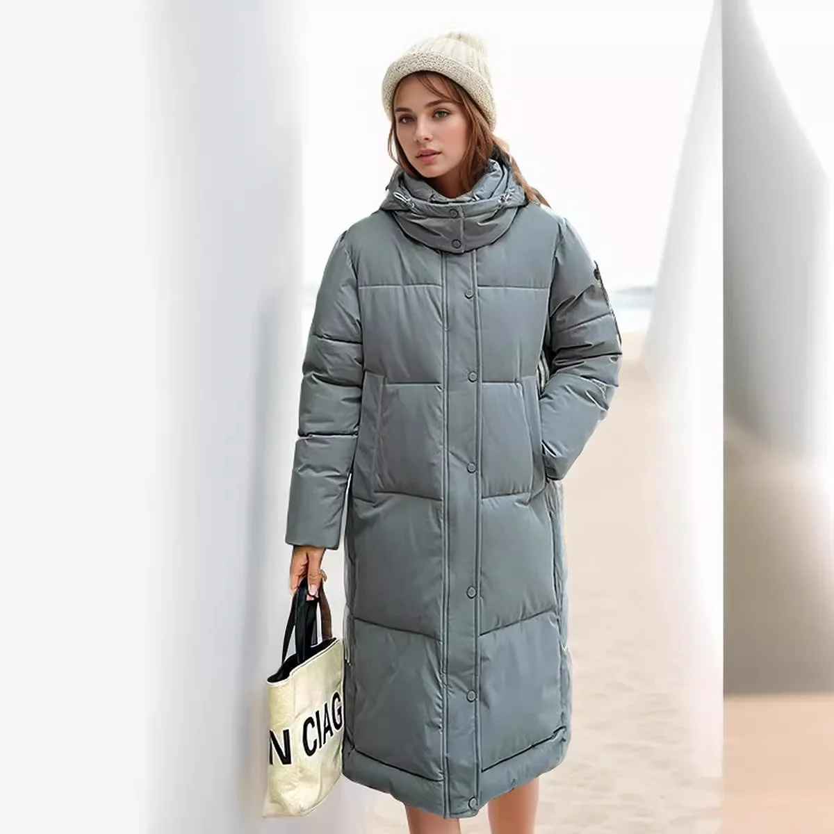 

Minimalist Women Winter Long Quilted Jacket Female Casual Hooded Straight Cotton Jacket Pure Color Thicken Warm Jacket For Lady