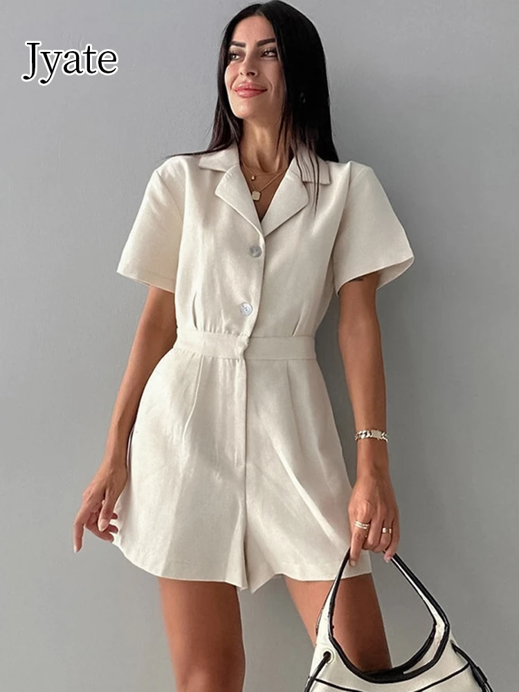 Jyate 2024 Summer New Women Jumpsuit Linen Solid Khaki Short Sleeve Lapel Button Shorts Romper Overalls For Women Playsuits