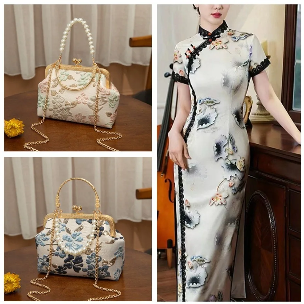 

Портативная ретро-сумка для банкета Cheongsam с жемчужной цепочкой и цветком, сумка в китайском стиле, ручная элегантная сумка через плечо, реквизит для фотосъемки