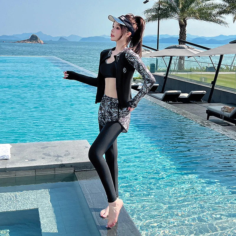 Women's Swimsuit Set Rash Guard 3/4 Piece Pants Modest Wetsuit Top Padded Sports Bra Long Sleeve Bathing Suit Ladies Athletic