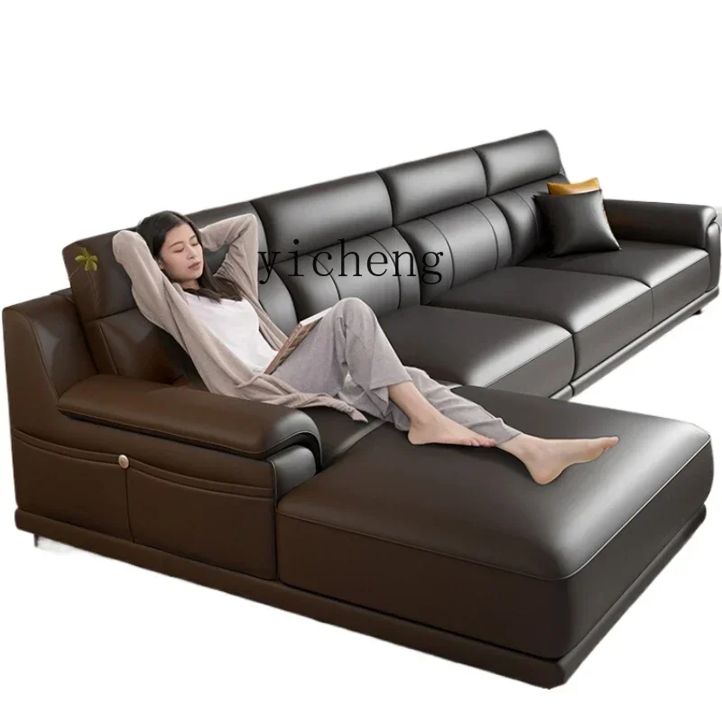 leather sofa first layer cowhide left and right concubine size apartment living room solid wood furniture combination