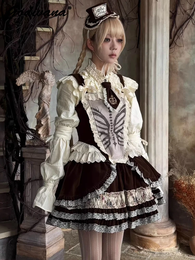 

New Spring Bone Print Drawstring Lace Brown Velvet Corset Short Fishbone Bra Vest Long Sleeve Shirt Velvet Skirt and Jacket Set