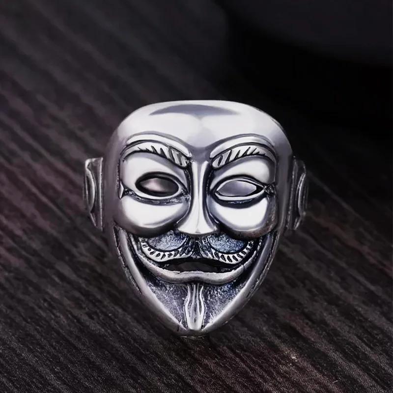 Retro V For Vendetta Anonymous Mask Ring For Men Punk Gothic Open Ring Handmade Designer Jewelry Unisex Accessories Cosplay Gift