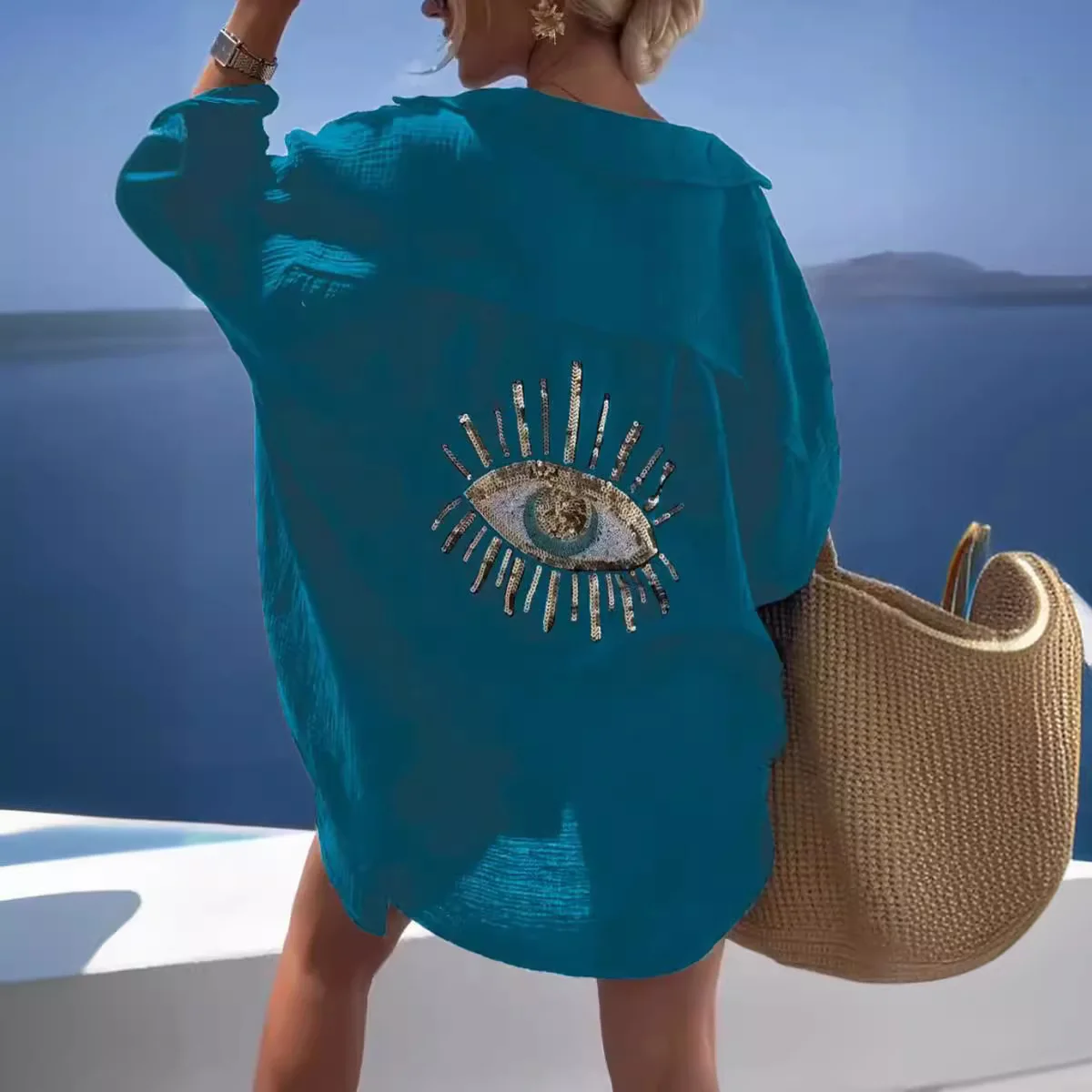 موضة الربيع والصيف عين الشر قميص طويل الأكمام فضفاضة القطن و قميص كتان المرأة عادية الترتر مطرز بدوره إلى أسفل زر بلوزة #4