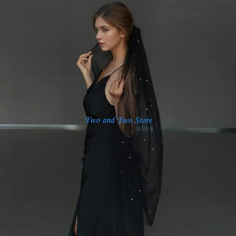 Véu preto sofisticado HX6F para noivas com espumante Rhinestones Party Decoration