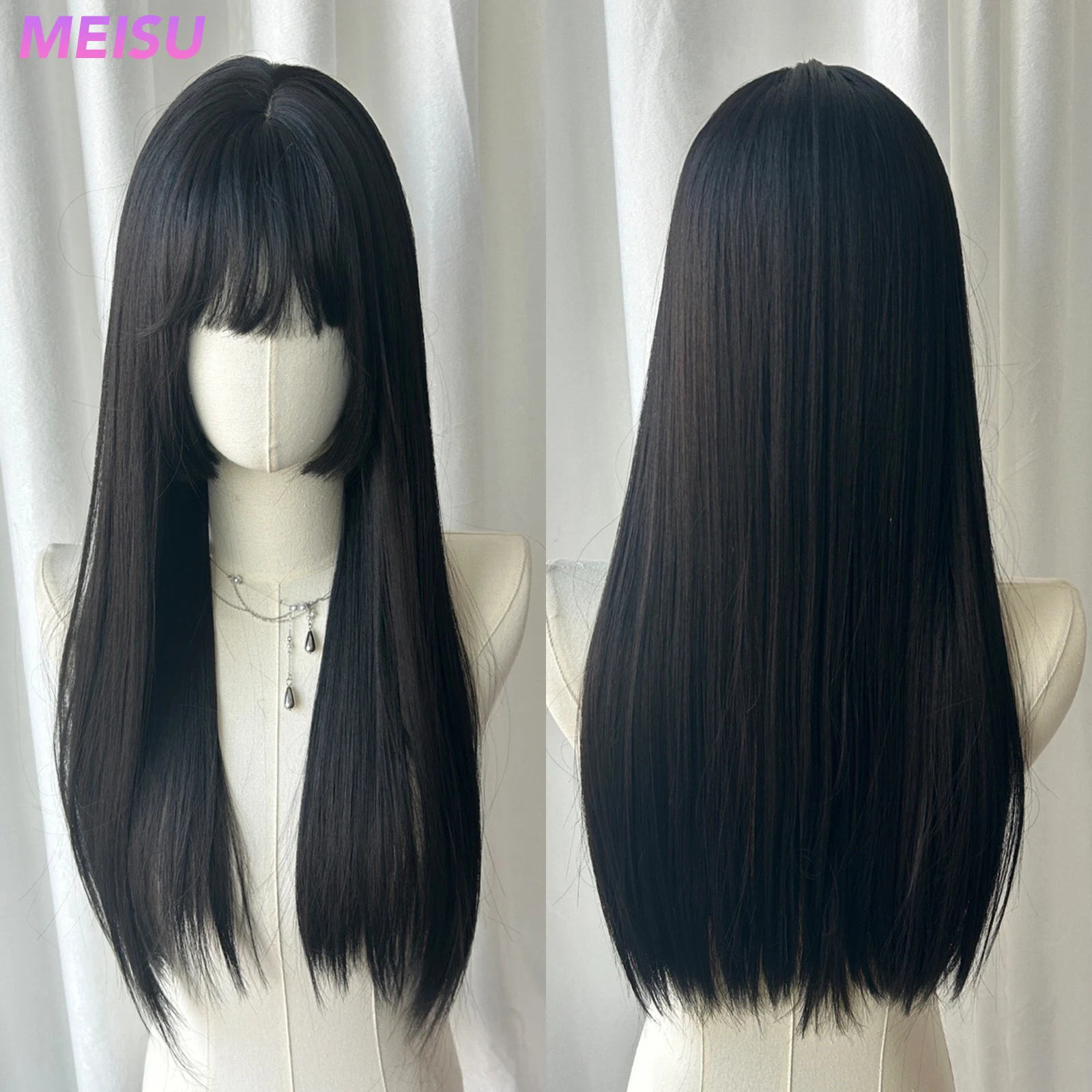 MEISU 24 بوصة أسود مستقيم شعر مستعار اصطناعي مقاوم للحرارة شعر طبيعي ناعم أنيق شعر مستعار للحفلات للنساء