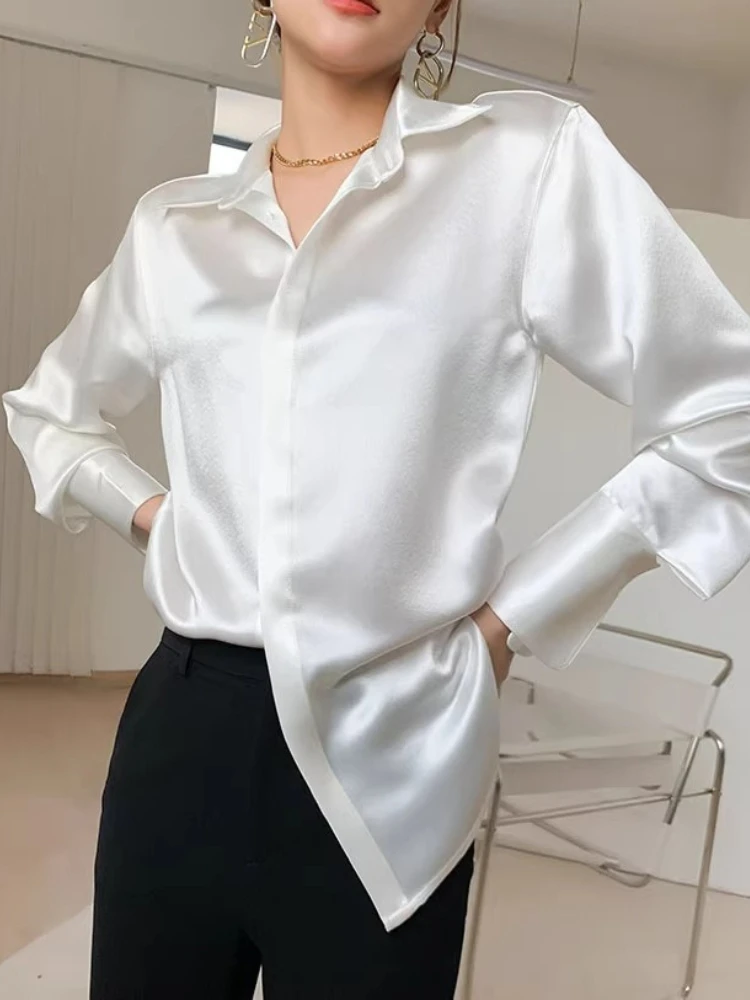 

Spring New Fashion Button Up Satin Silk Shirt Vintage Blouse Women White Tops Lady Long Sleeves Female Loose Street Shirts