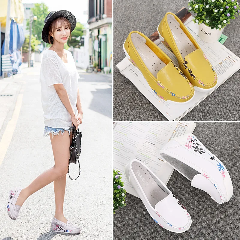 Wedge Platform Loafers Summer Hollow Leather Floral Women\'s Single Shoes Nurse Vulcanized Shoes Zapatillas Plataforma Mujer