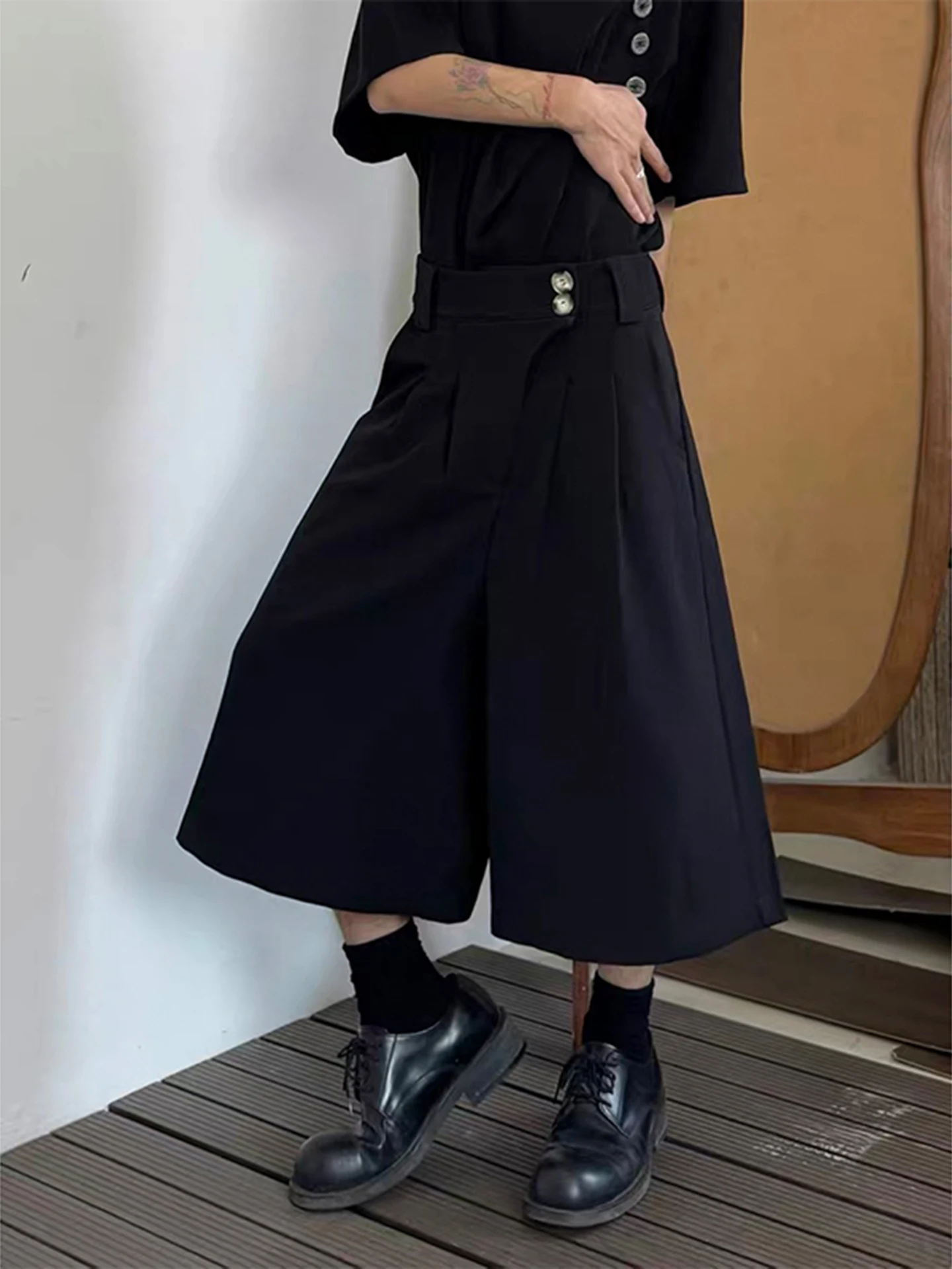Neapolitan Black Knight Suit Pants Men's Summer Button Design Straight Leg Wide Leg Eighteen Pants Shorts Casual Wear