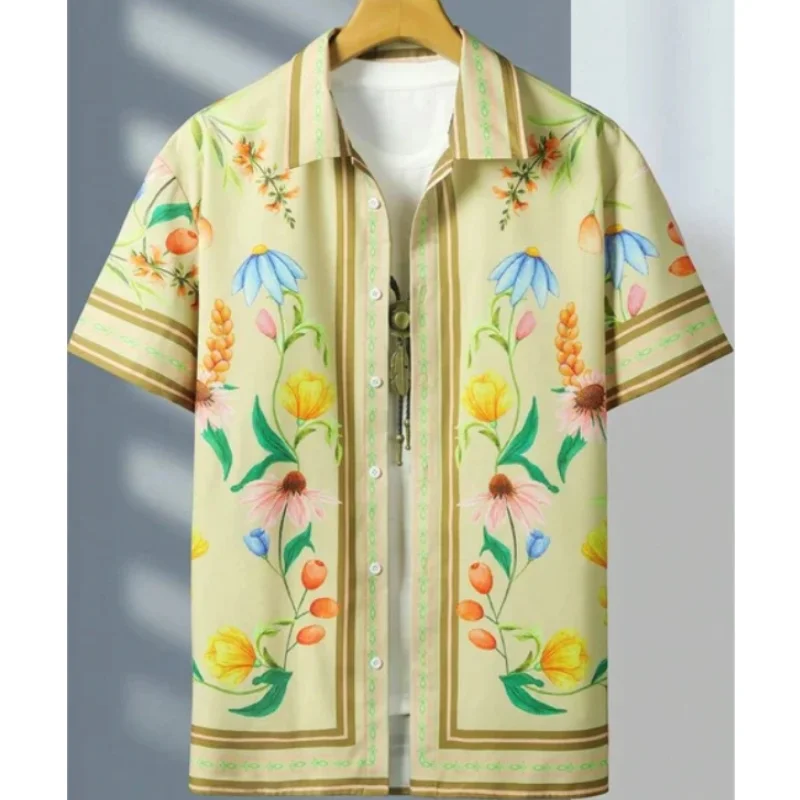 2024 New Men\'s Shirt Flower Print Ethnic Totem Style Lapel Men\'s Short Sleeve Tops Large Size Casual Men\'s Short Sleeve Shirt