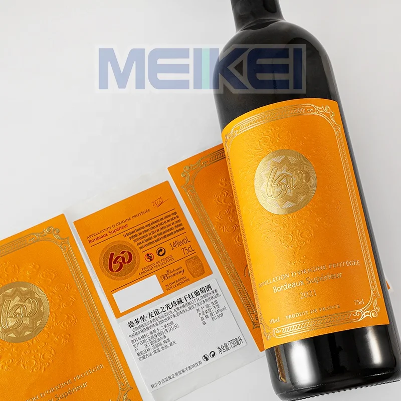custom.3D Foil Relief Champagne Label Hot Sale Textured Black and Labels Bottles