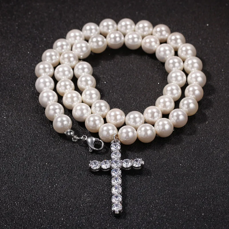 

Hip Hop AAA CZ Stone Bling Iced Out Cross Pendants Necklace with Pearl Beaded Link Chain for Men Rapper Jewelry