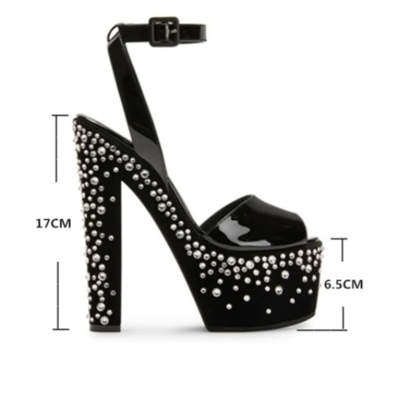 Sexy Super Hoge Hak Platform Sandalen 2025 Nieuwe Diamond Decor 17 Cm Dikke Hak Zwart Gouden Peep Toe Sandalen voor Vrouwen