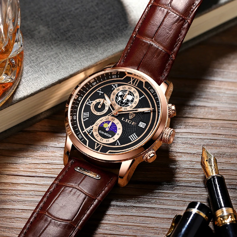 2023 New Mens Watches LIGE Top Brand Leather Chronograph Waterproof Sport Automatic Date Quartz Watch For Men Relogio Masculino