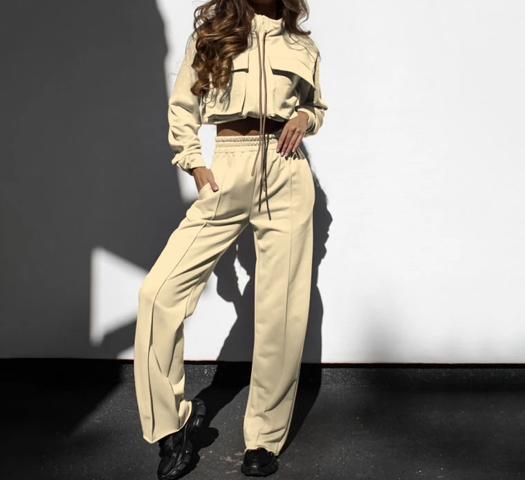 Two Piece Set Women Outfit 2023 Spring Fashion Solid Zipper Double Pocket Drawstring Long Sleeve Top & Casual Pocket Pants Set