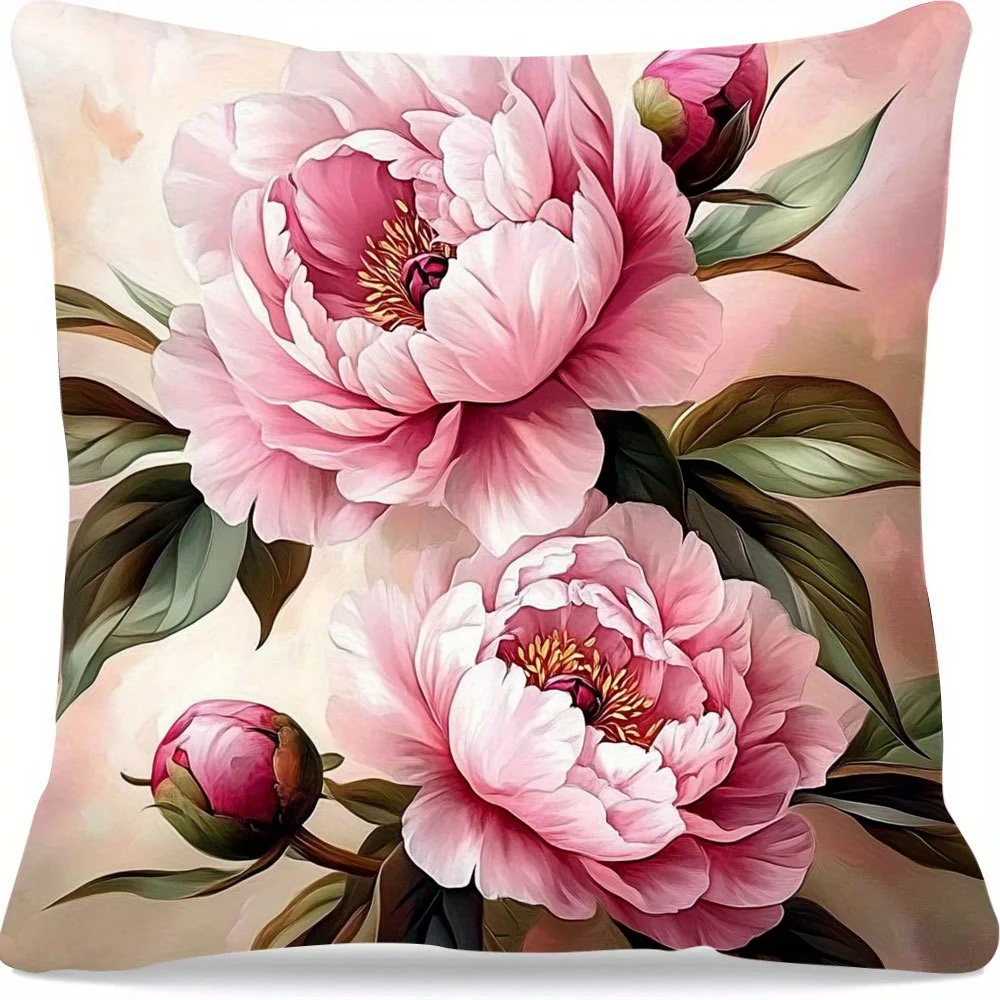 1pc Watercolor Style Pink Peony Printed Throw Pillow Cover,Suitable for Sofa,Bedroom,LivingRoom,a Healing Gift for Flower Lovers