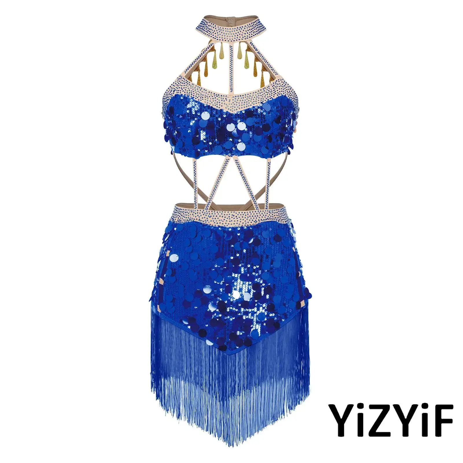

Womens Latin Dance Fringed Dress Glittery Sequins Halter Tassel Hem Built-in Briefs Hollow Out Bodysuit Dress for Tango Cha-cha