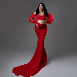 Red Prom Dresses Women Maternity Photoshoot Dress Puff Sleeves Baby Shower Gown Customized Boho vestido de novia