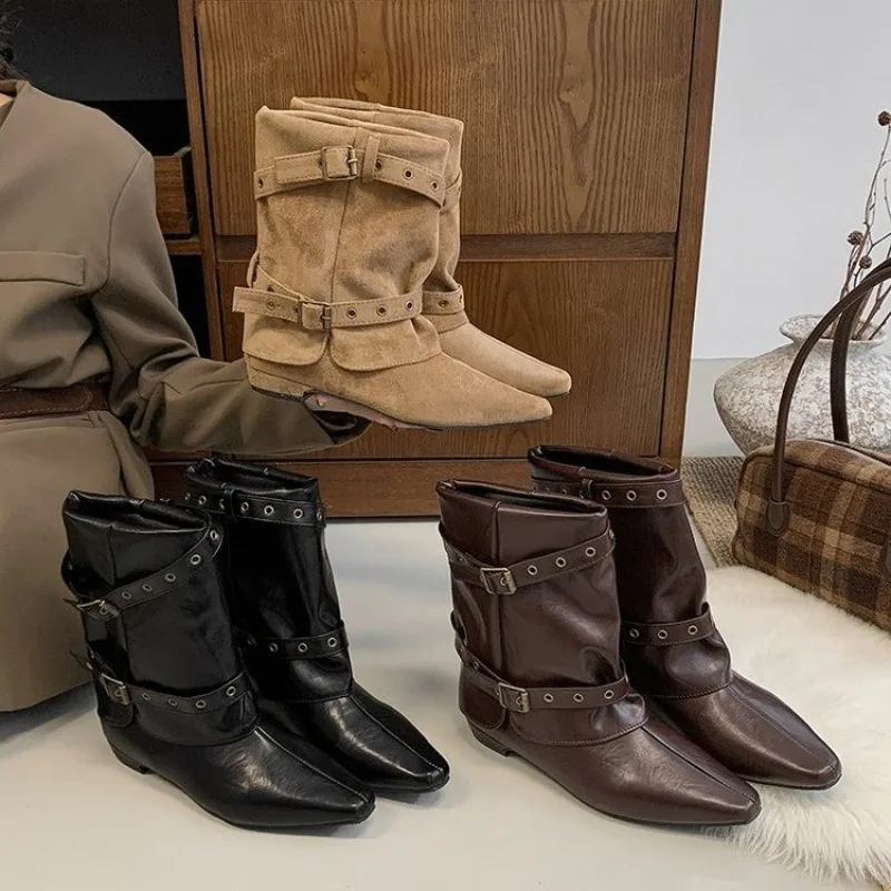 Leather Belt Buckle, High-heeled Short Boots, Women's Autumn-winter Retro Short Tube Pants-style Boots