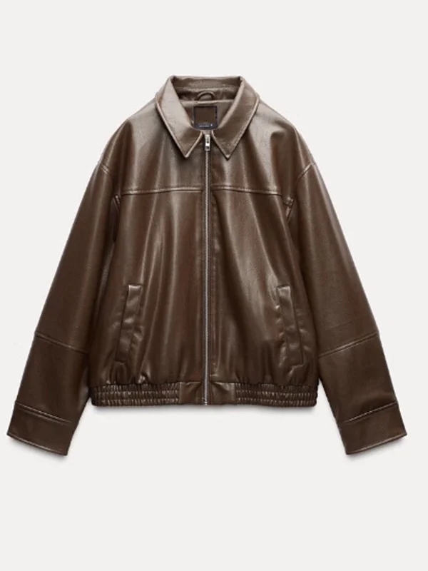 Faionable Pilot Jaet Outerwear Women's Slimming Age-Defng Versatile Elegance Fake Leather Commute Sle Long Sve Zipper
