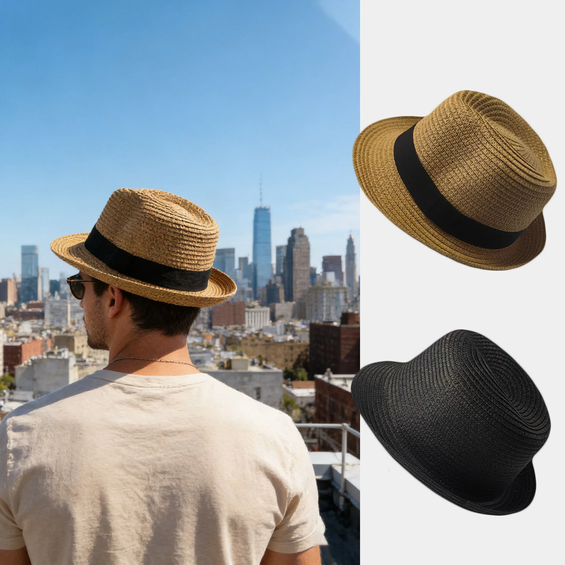 

Outdoor Straw Panama Hat / Beach Travel Sunshade Sunscreen Versatile Sun Hat / Short Brim Curled Brim Jazz Hat