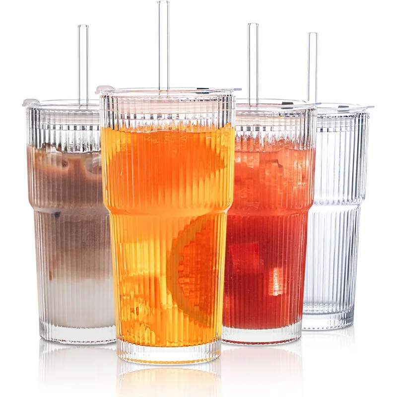 

20 oz Ribbed Glass Tumblers w/Lids & Straws 4-Piece Set – Thickened Wall for Iced Coffee, Smoothies, Cocktails