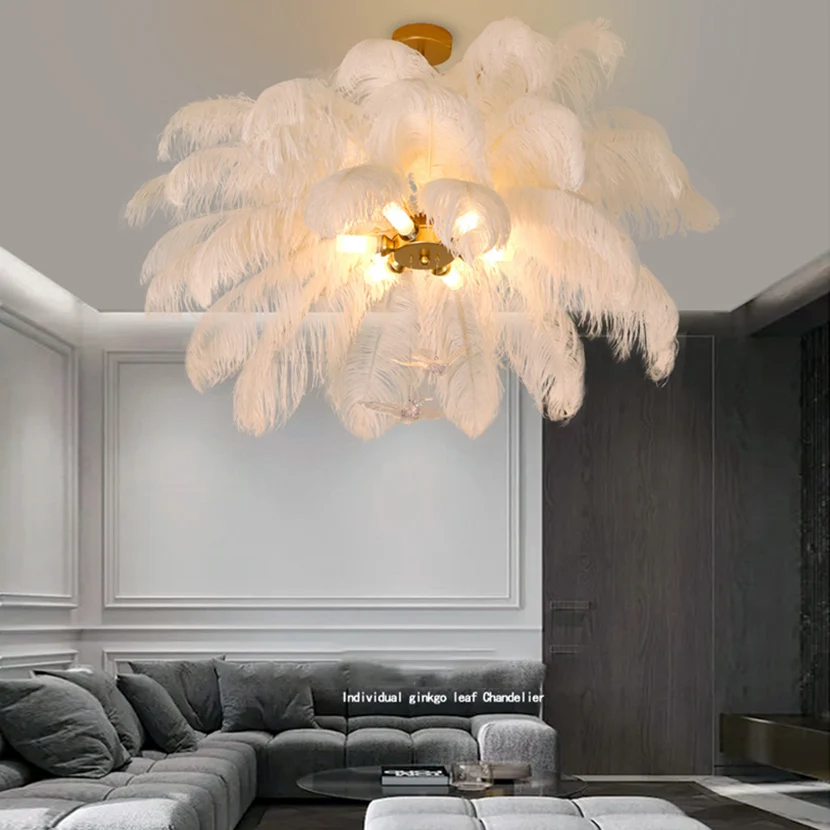 SANDYHA Luxury LED Ostrich Bird Feather Chandelier Lamp White Living Room Ceiling Light Home Decoration Hanging Lighting Fixture