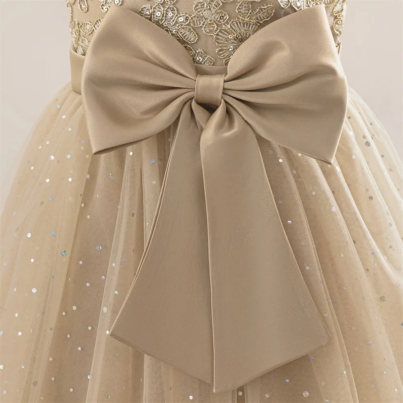 Elegant Green Girls Formal Ball Gown Scoop Neck and Short Sequin Lace Sleeves Pageant Dress Floor-Length Flower Girl Dress