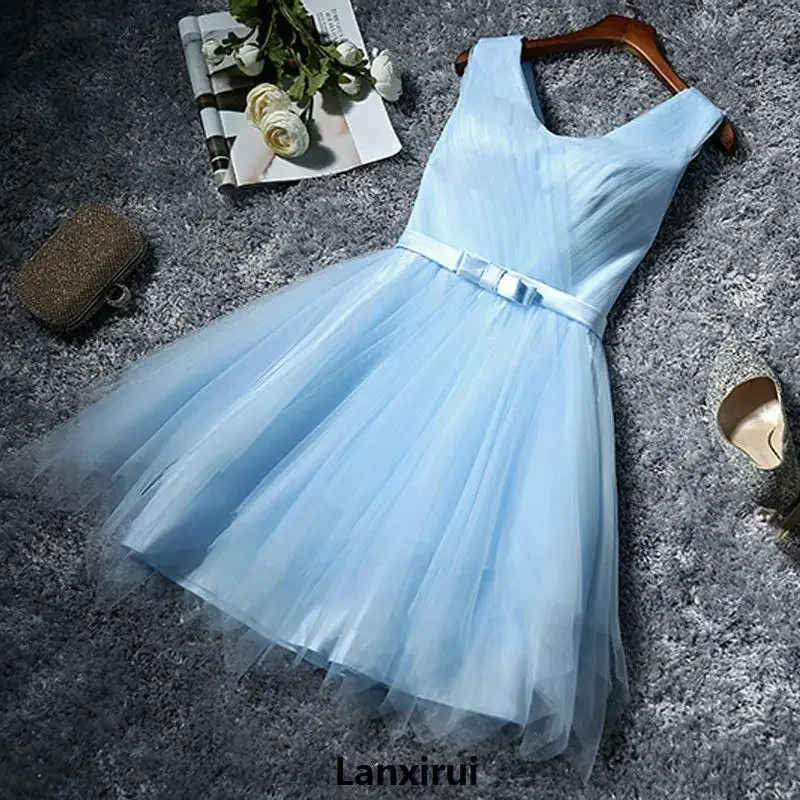 

Sweet Memroy 5 styles Sky Blue Bridesmaid Dresses Elegant Pleat Tulle A-line Evening Party Dress For Wedding Graduation Prom