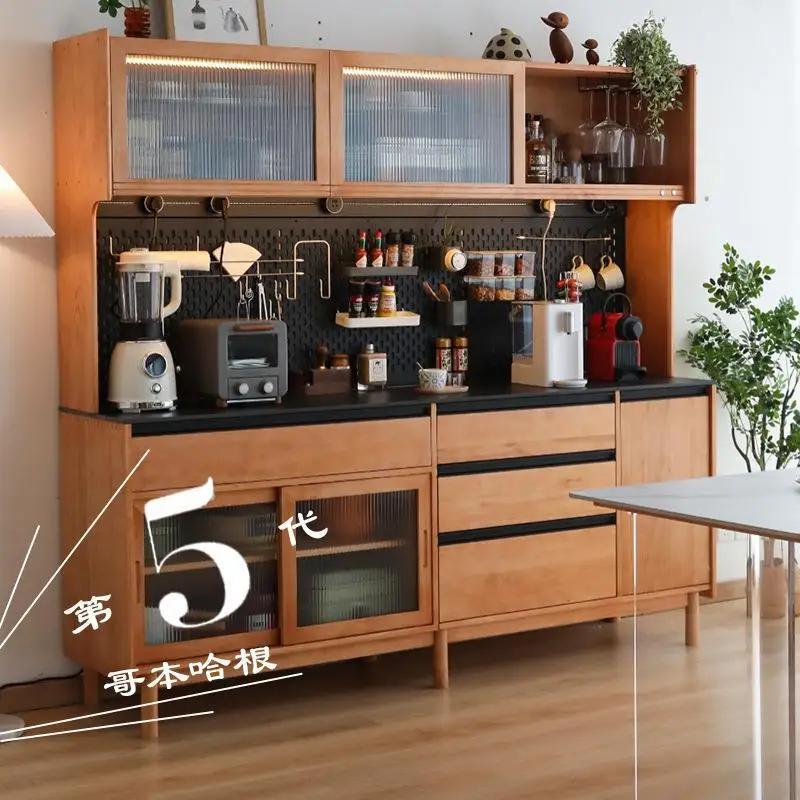 

Solid wood tea cabinet, Nordic integrated wall dining side cabinet high cabinet household rock slab