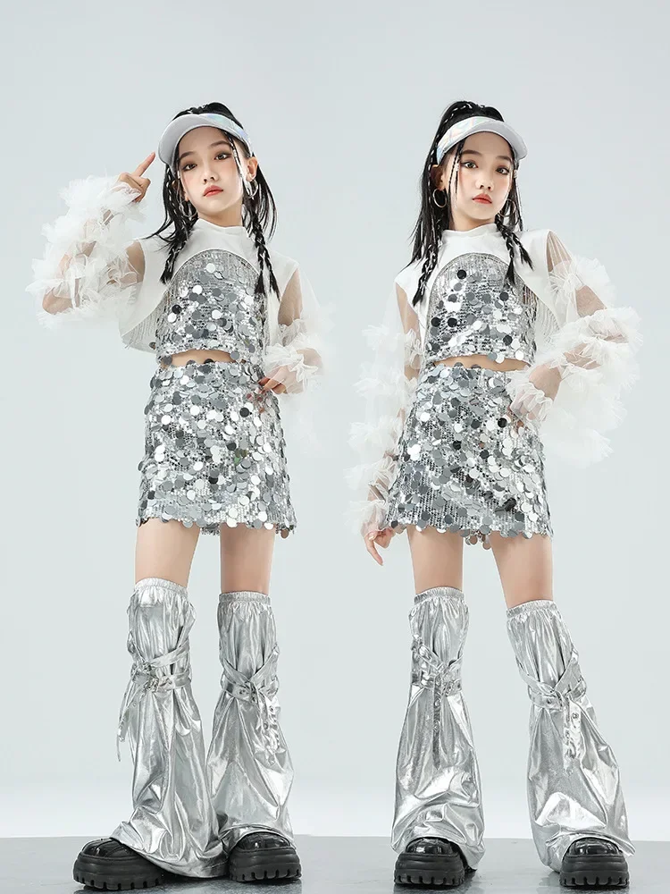 Costume de danse jazz miroir argenté pour filles tenue de pom-pom girl vêtements Kpop pour enfants vêtements de spectacle de piste, vêtements de danse Hip Hop