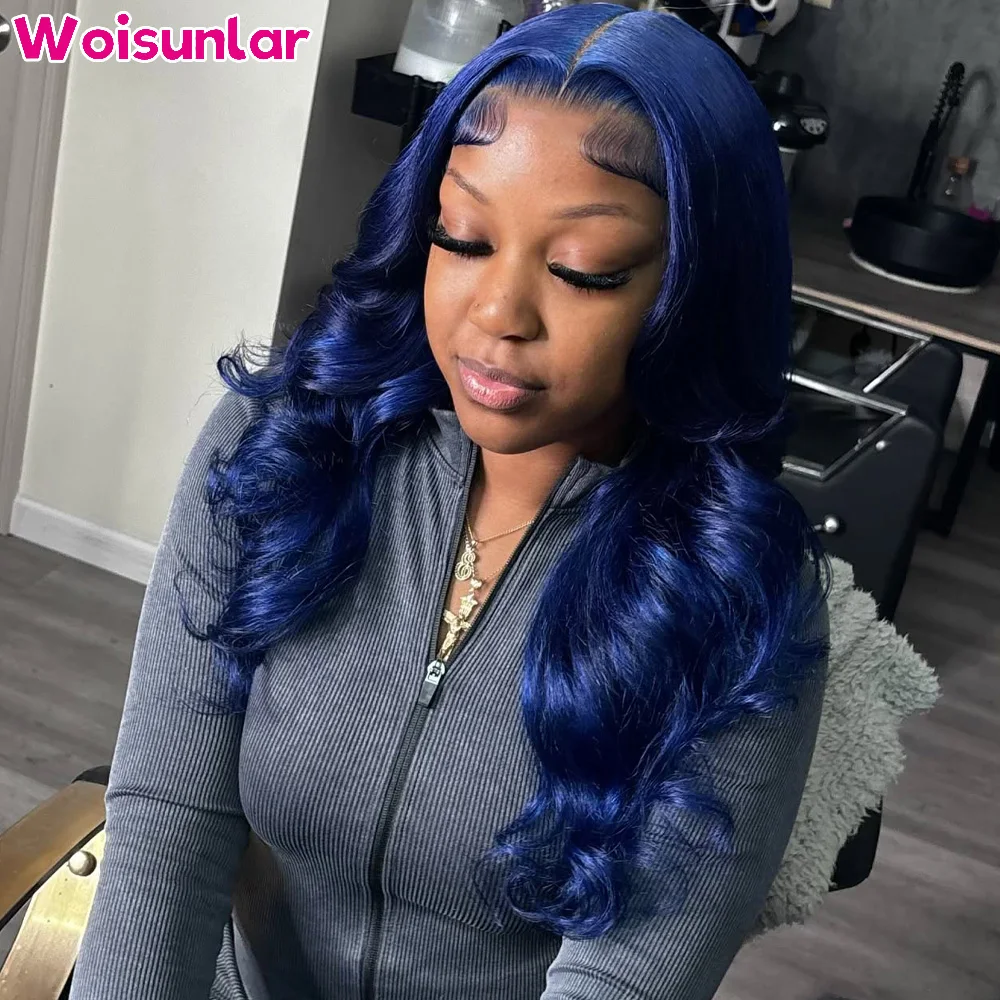 

36 inches Blue lace Front Human Hair Wigs 200 Density Body wave Black women13x4 Transparent Lace Brazilian Natural Human hair