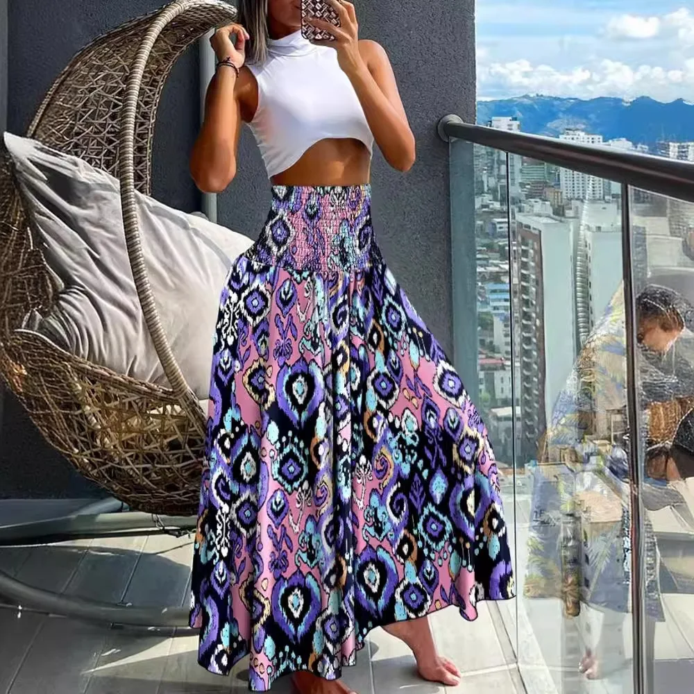 Women's High Waist Palm Tree Print Maxi Skirt Elastic Waist Flowy Beach Vacation Summer Long Skirt