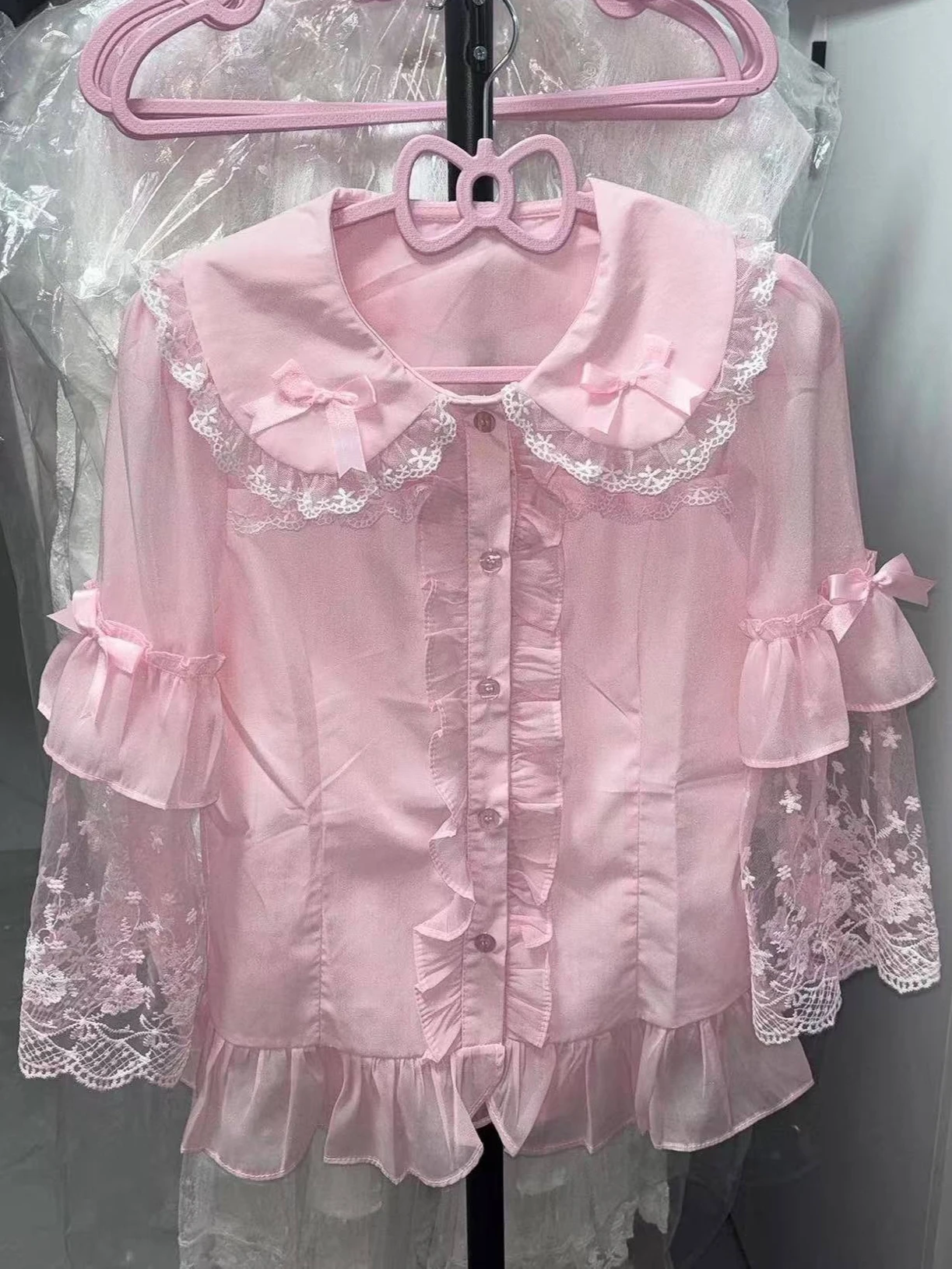 

Lolita Shirt Women Preppy Style Sweet Blouses Cute Peter Pan Collar Lace Ruffle JK Shirts Girls Short Sleeve Blusas Chic