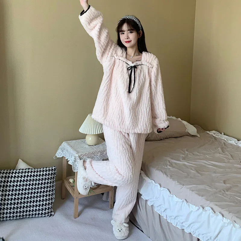 5XL Autumn/winter Coral Fleece Pajama Set Women\'s Plus Siize Long Sleeve Loose Thickened Warm Loungewear Can Be Worn Outside