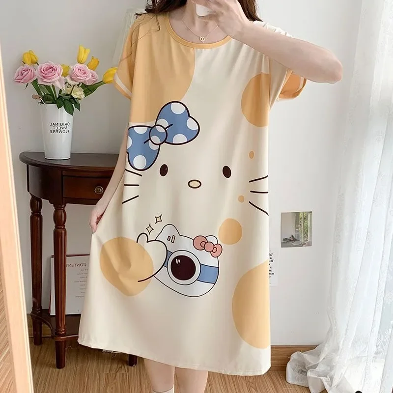 サンリオパジャマ女性の夏の新しいライトイエローハローキティパジャマドレス薄い緩いカジュアルな大きいサイズの学生部屋着