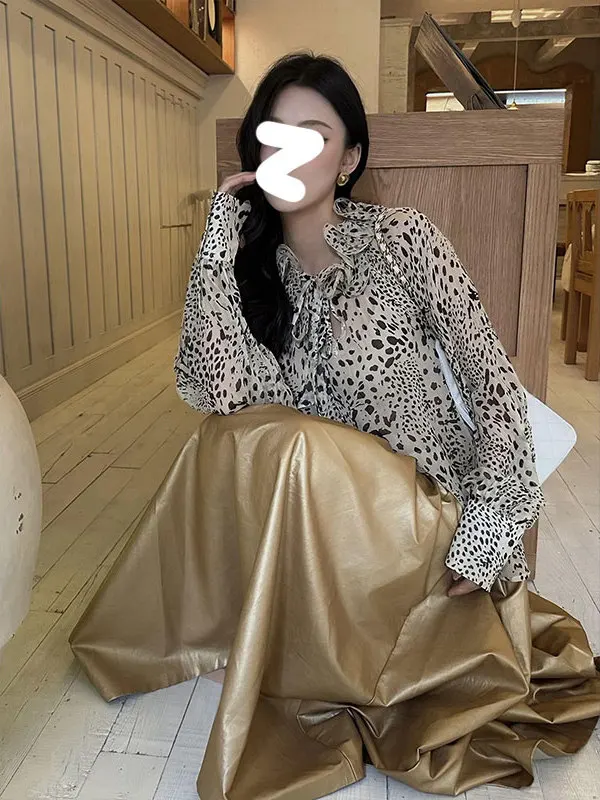 

Женская блузка Mimotao с многослойным леопардовым принтом, кружевной отделкой, прозрачным V-образным вырезом, свободного кроя, с длинными рукавами