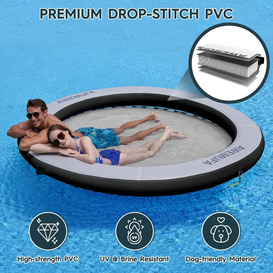 Rede de água de 8 pés, anel flutuante redondo de 8 polegadas de espessura com flutuadores de malha para adultos, tapete flutuante circular resistente para piscina infl