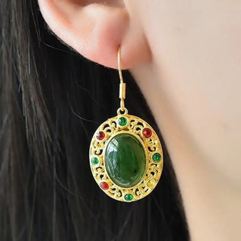 

Natural Nephrite Green Jade Earrings Women Fine Jewelry Genuine Chinese Hetian Jade Colored Zircon Dangle Earrings Ladies Gifts