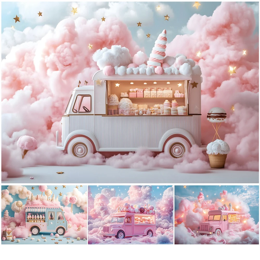 

Розовый грузовик с мороженым, десертный фон, облако, звезды, конфеты, принцесса для девочек, декор для дня рождения, детский душ, фон для фотосъемки