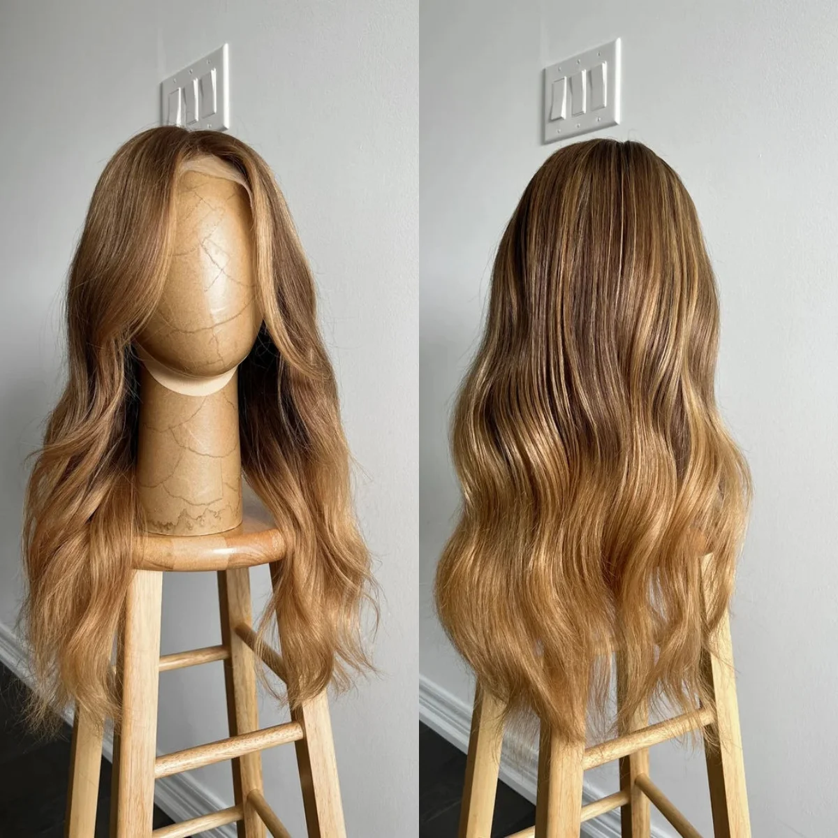 26 Inches Invisible Transparent Lace Front Wig Ombre Honey Blonde Synthetic Lace Party Wig for Women Body Wave Brunette Fibre