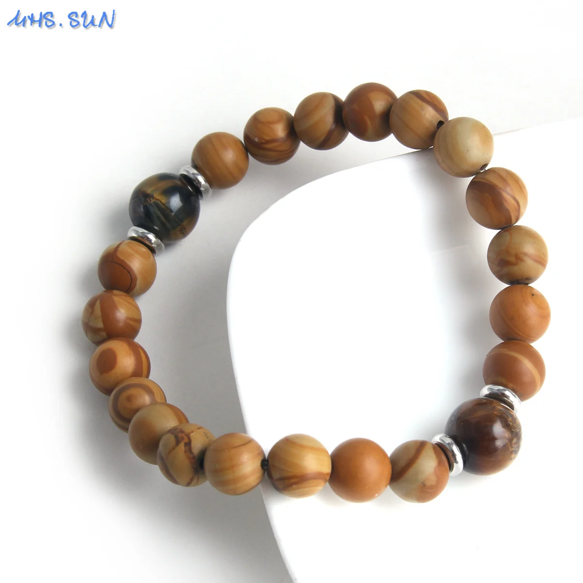 MHS.SUN Natural Stone Round 8MM Beads Smooth Brown Wood Grain Loose Beads For Women Men Elastic Yoga Jewelry Accessories 1PC