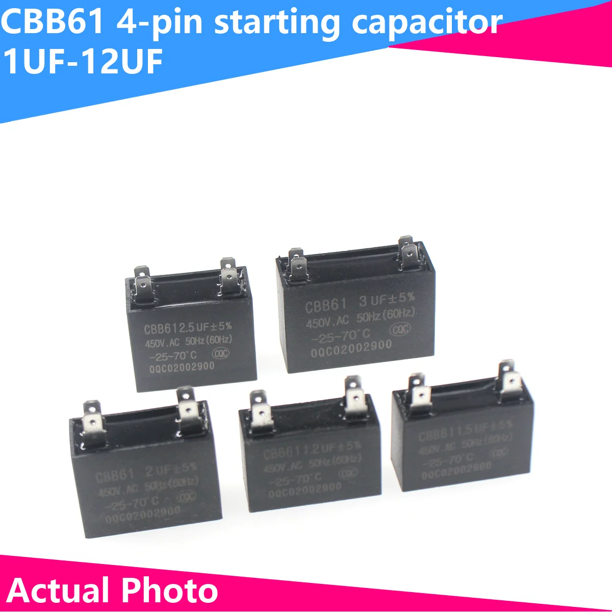 CBB61 Ar Condicionado Iniciar Capacitor, Motor Run Capacitor, Ventilador Externo, 450V, 1UF, 1.2UF, 1.5UF, 2UF, 2.5UF, 3UF, 3.5UF, 4UF, 4,5 UF, PCes 2