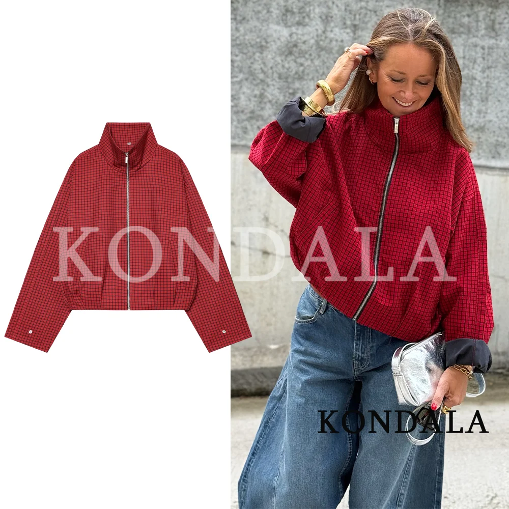 KONDALA Women Fall Casual Red Plaid Jacket Stand-Collar Pocket Zip-up Jacket 2026 Autumn Trendy Street Style Vintage Chic Jacket